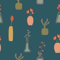 cute retro seamless pattern on a blue background with flowers in vases vector illustration