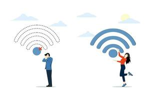 Concept of Free wi-fi Hotspot, wi-fi bar, public internet access area, internet addiction, one person is surprised by the lack of internet, the second person rejoices at the availability of free wifi. vector