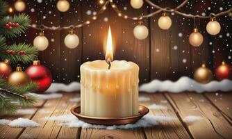 Burning candle Christmas decoration on wooden background in falling snow and defocused lights background photo