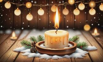 Burning candle Christmas decoration on wooden background photo