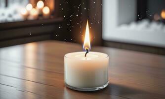 Burning candle Christmas decoration on wooden background photo