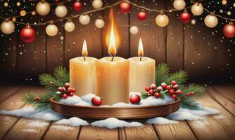 Burning candle Christmas decoration on wooden background in falling snow and defocused lights background photo