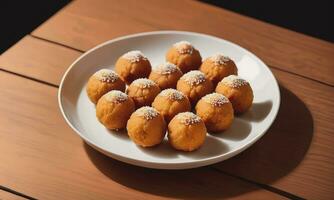 Motichoor laddoo on wooden table Traditional indian dessert photo