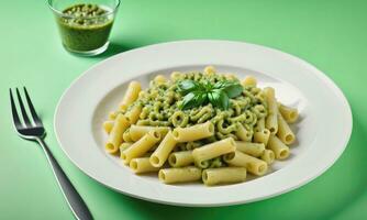 Macaroni with pesto sauce in plate on green background photo