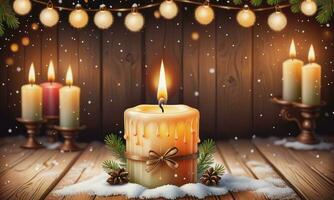 Burning candle Christmas decoration on wooden background photo