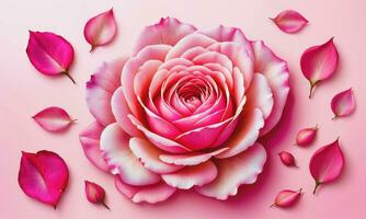 Pink rose petals set on pink background photo