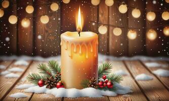 Burning candle Christmas decoration on wooden background in falling snow and defocused lights background photo