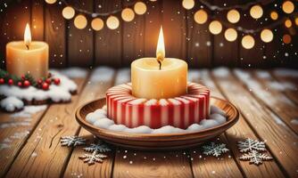 Burning candle Christmas decoration on wooden background photo