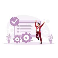 Happy businessman jumping, hands up. Celebrating the success of a work project. Done Job concept. trend modern vector flat illustration