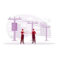 Two electrical engineers use a laptop near the power plant to view the new work project plan. Engineering concept. Trend Modern vector flat illustration