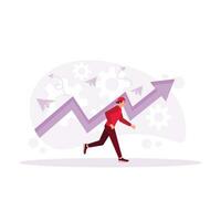 Man running towards goal. Up arrow. In Progress concept. trend  modern vector  flat illustration