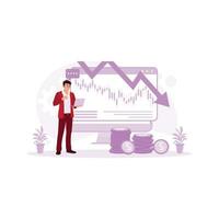 Young businessman analyzing a descending financial candlestick chart on a computer screen. Financial Instability concept. trend modern vector flat illustration