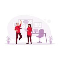 Happy businessman and woman. Male businessman jumping. Happy because of successful work. Employee Work Concept. Trend Modern vector flat illustration