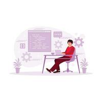 Application developers develop software application programs in front of a computer screen. Programmers concept. Trend Modern vector flat illustration