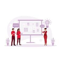 Asian UX developer and UI designer presenting mobile app interface design on a modern office whiteboard. Presentation concept. trend modern vector flat illustration