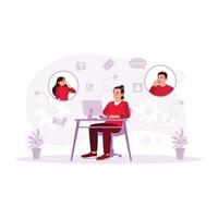 A male businessman makes an online call with a coworker via computer. Customer Support concept. Trend Modern vector flat illustration