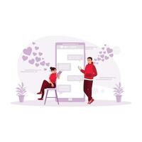 Young couple making an online call against the background of flying hearts. Online Dating concept. Trend Modern vector flat illustration