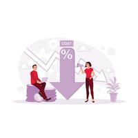 Two entrepreneurs created a business strategy to reduce project operational costs using laptops. Cost Reduction concept. trend modern vector flat illustration