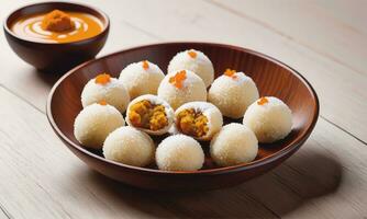 Motichoor laddoo on wooden table Traditional indian dessert photo