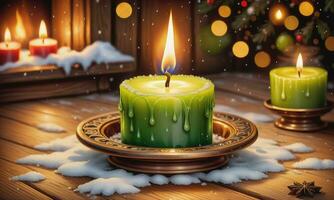 Burning candle Christmas decoration on wooden background in falling snow and defocused lights background photo