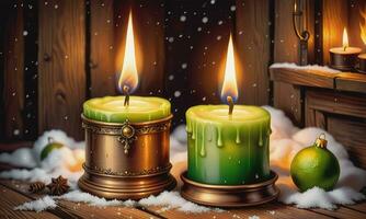 Burning candle Christmas decoration on wooden background photo