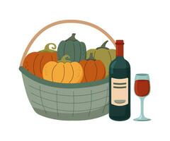 Pumpkins in the basket and bottle of wine vector