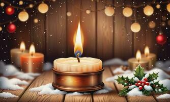 Burning candle Christmas decoration on wooden background photo