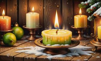 Burning candle Christmas decoration on wooden background in falling snow and defocused lights background photo