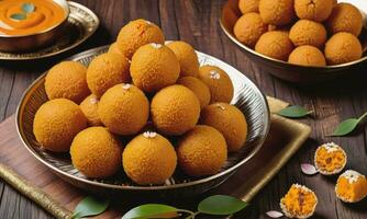 Motichoor laddoo on wooden table Traditional indian dessert photo