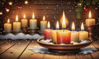 Burning candle Christmas decoration on wooden background photo