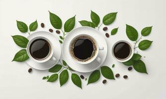 Cup of black coffee green leaves and beans on white background photo