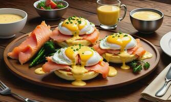 un delicioso huevos Benedicto con ahumado salmón holandesa salsa en de madera mesa foto