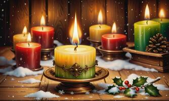 Burning candle Christmas decoration on wooden background photo