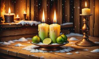 Burning candle Christmas decoration on wooden background photo