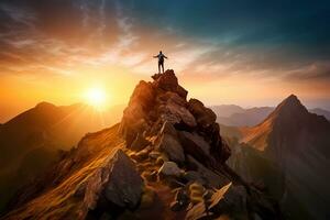 Man standing on top of a cliff at sunset with sunlight watching the beautiful mountain. Achievement success concept. AI Generated photo