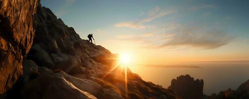 hombre alpinismo un montaña acantilado a puesta de sol o amanecer. extremo deporte desafío acción. gratis persona con equipo y alambres ai generado foto