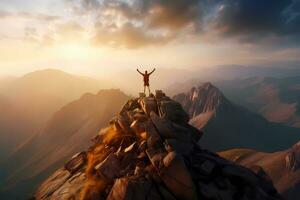 Man standing on top of a cliff at sunset with sunlight watching the beautiful mountain. Achievement success concept. AI Generated photo