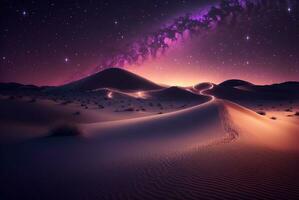 estrellado noche en el Desierto con dunas, oscuro noche cielo con estrellas. lechoso camino terminado el desierto. escénico ver de Desierto en contra cielo a noche. ai generado foto