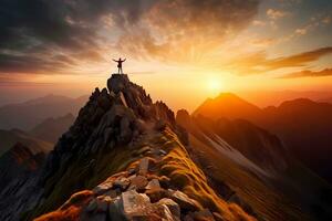 hombre en pie en parte superior de un acantilado a puesta de sol con luz de sol acecho el hermosa montaña. logro éxito concepto. ai generado foto