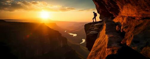 Man climbing a mountain cliff at sunset or dawn. Extreme sport challenge action. Free person with equipment and wires. AI Generated photo