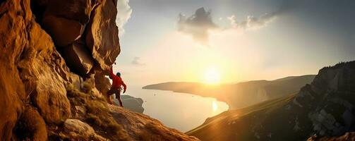 Man climbing a mountain cliff at sunset or dawn. Extreme sport challenge action. Free person with equipment and wires. AI Generated photo