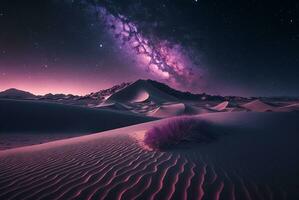 estrellado noche en el Desierto con dunas, oscuro noche cielo con estrellas. lechoso camino terminado el desierto. escénico ver de Desierto en contra cielo a noche. ai generado foto