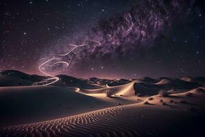 estrellado noche en el Desierto con dunas, oscuro noche cielo con estrellas. lechoso camino terminado el desierto. escénico ver de Desierto en contra cielo a noche. ai generado foto