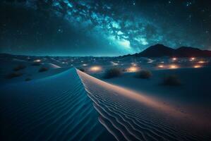 estrellado noche en el Desierto con dunas, oscuro noche cielo con estrellas. lechoso camino terminado el desierto. escénico ver de Desierto en contra cielo a noche. ai generado foto