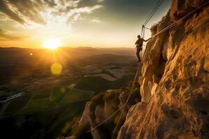 Man climbing a mountain cliff at sunset or dawn. Extreme sport challenge action. Free person with equipment and wires. AI Generated photo