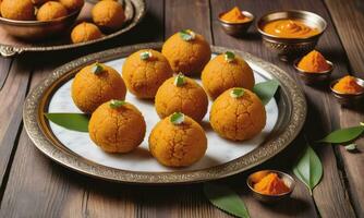 Motichoor laddoo on wooden table Traditional indian dessert photo