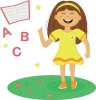 vector alegre niña estudiando letras, niña y libro