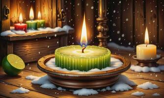 Burning candle Christmas decoration on wooden background in falling snow and defocused lights background photo