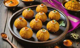 Motichoor laddoo on wooden table Traditional indian dessert photo