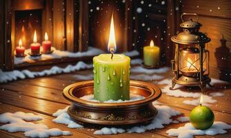 Burning candle Christmas decoration on wooden background in falling snow and defocused lights background photo